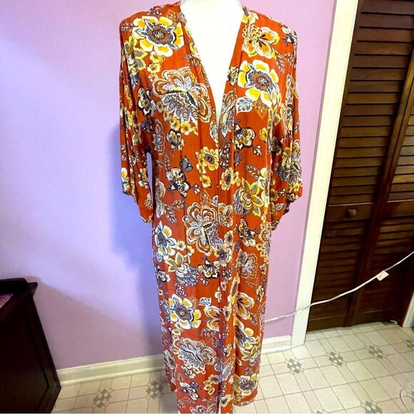 H.I.P Retro Orange Floral Duster Kimono Short Bell Sleeves Open Front Rayon M/L - Picture 1 of 12